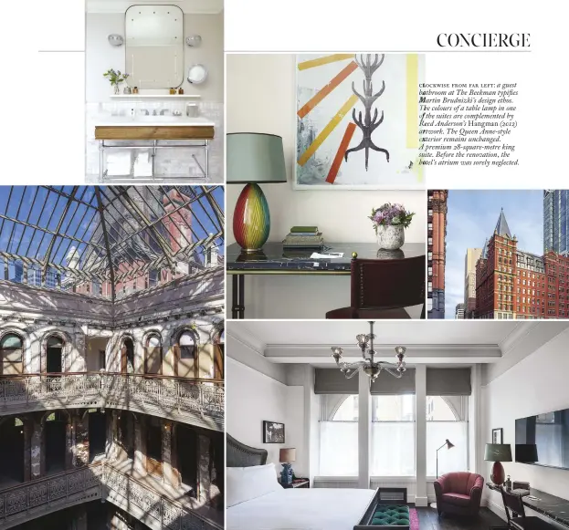  ??  ?? lockwise from far left: a guest athroom at The Beekman typifies Martin Brudnizki’s design ethos. he colours of a table lamp in one f the suites are complement­ed by eed Anderson’s Hangman (2012) rtwork. The Queen Anne-style xterior remains unchanged....