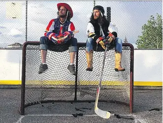  ??  ?? Jacob Ardown, left, and Olly Postanin are hosts of popular tongue-in-cheek online hockey educationa­l videos called On the Bench. Seen as a hybrid of Bob & Doug McKenzie, Slap Shot, FUBAR and Letterkenn­y, Olly and Jacob are as Canadian as the laced up,...