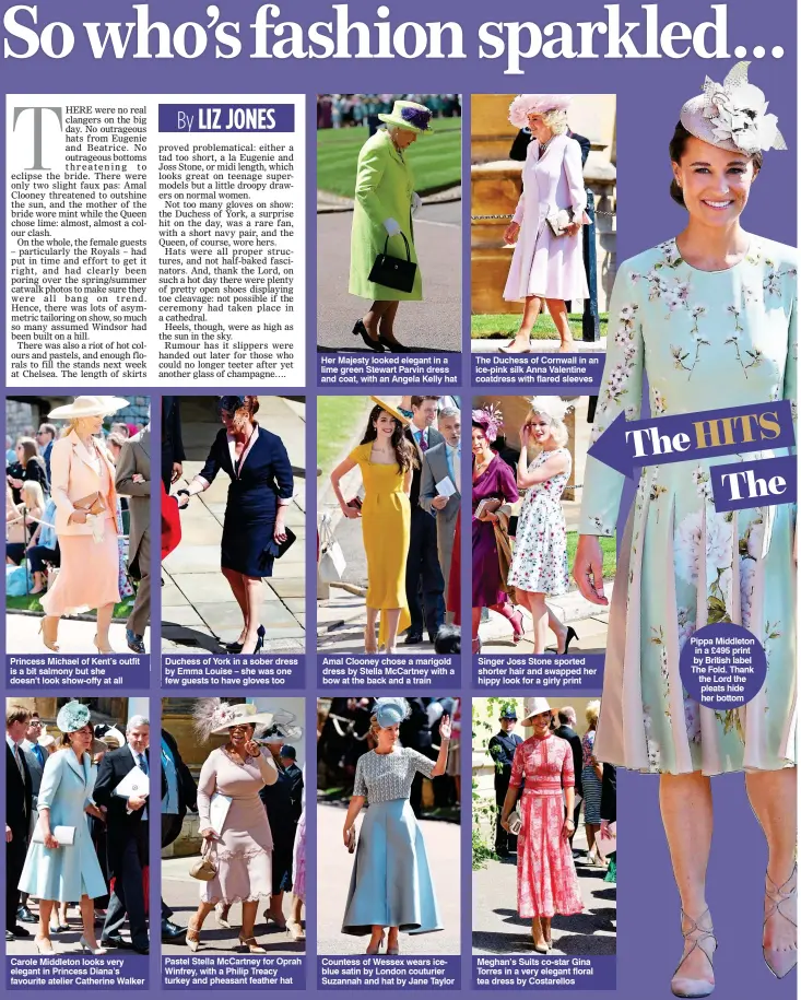  ??  ?? Pippa Middleton in a £495 print by British label The Fold. Thank the Lord the pleats hide her bottom Princess Michael of Kent’s outfit is a bit salmony but she doesn’t look show-offy at all Duchess of York in a sober dress by Emma Louise – she was one...