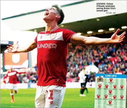  ?? PICTURE: JMP ?? ECSTATIC: Callum O’Dowda celebrates scoring Bristol City’s second goal