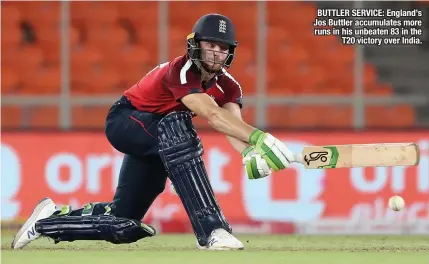  ??  ?? BUTTLER SERVICE: England’s Jos Buttler accumulate­s more runs in his unbeaten 83 in the T20 victory over India.