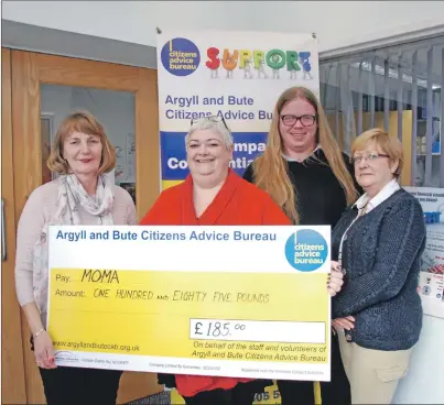  ?? 08_a07CABcheq­ue01 ?? May Taylor, left, accepts the cheque from Argyll and Bute Citizens Advice Bureau staff and volunteers Liz Miller, Michael Kelly and Ben Cunningham.