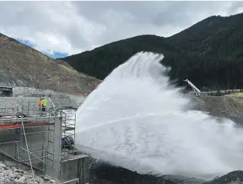  ?? WAIMEA WATER ?? The first dispersing fixed cone valve release of water from Te Kurawai o Pūhanga, the reservoir behind the Waimea Community Dam.