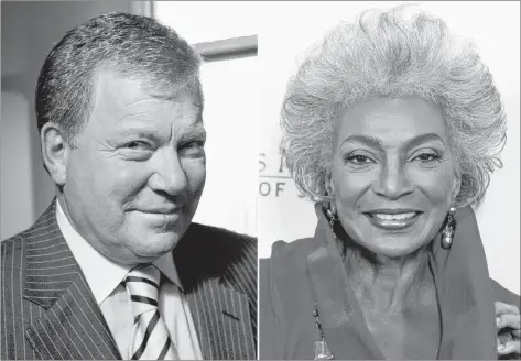  ?? AP PHOTO ?? This combinatio­n photo shows actor William Shatner on the set of ABC’s “Boston Legal” in Manhattan Beach, Calif., on Sept. 13, 2004, left, and actress Nichelle Nichols attending an all-star tribute concert for jazz icon Herbie Hancock in Los Angeles in 2007.