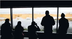  ??  ?? ●●Birdwatche­rs in one of the modern hides at Saltholme RSPB Reserve