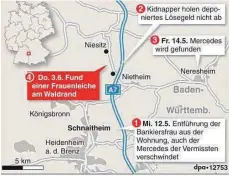  ?? FOTO: DPA-INFOGRAFIK GMBH ?? Nur rund fünf Kilometer trennen den Ort Ochsenberg vom Fundort der Leiche Maria Bögerls. Nach eigenen Angaben stamme der Tatverdäch­tige aus dem Königsbron­ner Teilort.