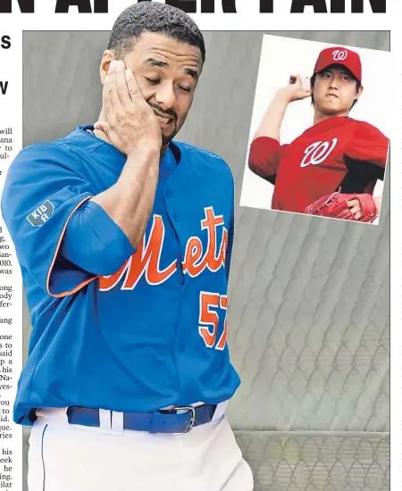  ??  ?? BEEN THERE, DONE THAT: Johan Santana catches his breath after throwing a bullpen session Thursday in Port St. Lucie. Santana’s surgery was the same undergone by former Yankee and current National Chjen-ming Wang (inset), who said Santana and the Mets...