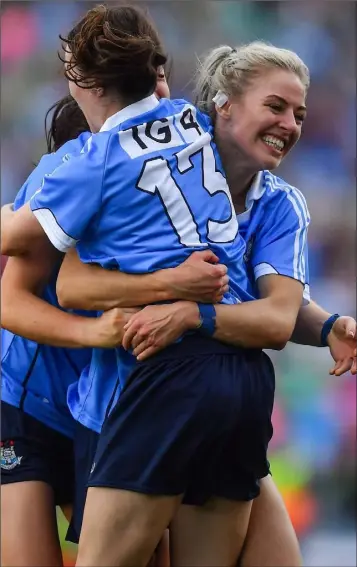  ??  ?? Dublin players Sinéad Aherne and Nicole Owens celebrate at the final whistle of the TG4 Ladies Football All-Ireland Senior championsh­ip final.