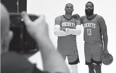  ??  ?? JAMES Harden and Russell Westbrook talked about playing together again for the first time in seven years on Friday at the Houston Rockets’ media day.
