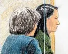  ?? AP ?? In this courtroom sketch, Huawei chief financial officer Meng Wanzhou, right, sits beside a translator during her bail hearing.