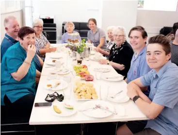  ??  ?? At the high tea are (from left): Amberlea carer Patty Shepherd, residents Graham Prosser, Jan Wakefield, Kath Forscutt, Betty Twocock and Violet McGregor and students Bailey Jordan and Max Andrews.