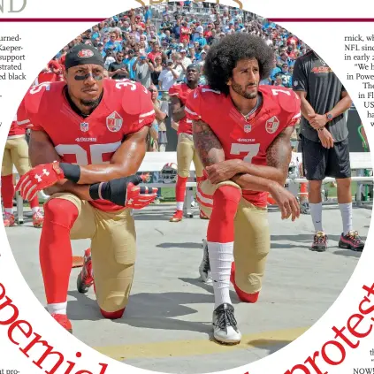  ?? Photo: IC ?? San Francisco 49ers’ Colin Kaepernick (right) and Eric Reid kneel during the national anthem before an NFL football game against the Carolina Panthers in Charlotte on September 18, 2016.