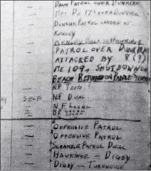  ?? Via Darren Harbar ?? Gros plan sur une page du carnet de vol de Kenneth “Mac” McGlashan. À la date du 31 mai, on peut lire : “Patrouille sur Dunkerque. Attaqué par 8 (?) Me 109. Abattu sur plage. Rentré avec bateau à vapeur à aubes.”