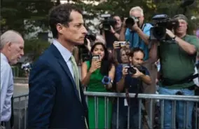  ?? DREW ANGERER, GETTY IMAGES ?? Former Rep. Anthony Weiner leaves Manhattan Federal Court, Monday in New York City. Weiner was sentenced to jail for illicit online contact with a 15-year-old girl.