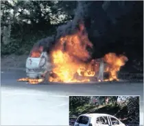  ?? PICTURES: SUPPLIED, FACEBOOK ?? The couple’s car, a Hyundai i10, burst into flames at Park Rynie beach on Saturday.