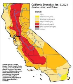  ?? COURTESY OF U.S. DROUGHT MONITOR ?? This map, produced by the U.S. Drought Monitor on Jan. 5, showed that as of Jan. 3 nearly all of Kern County and the Central Valley, remain in extreme drought despite recent rain and snow.