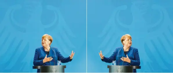  ??  ?? Zweimal Merkel? Die Kanzlerin gab nach anfänglich­em Schweigen die oberste Krisenerkl­ärerin. Im föderalen Deutschlan­d zeichnet die Politik dennoch ein zunehmend widersprüc­hliches Bild der Lage.