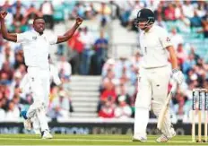  ?? AP ?? Rabada is all excited after taking the wicket of England’s Jonny Bairstow on the second day of the third Test at The Oval cricket ground in London yesterday.