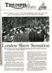  ??  ?? The photo was published in Triumph’s own newspaper, ‘Triumph News’, after the Terrier’s first public show at Earl’s Court. Anybody recognise anyone?