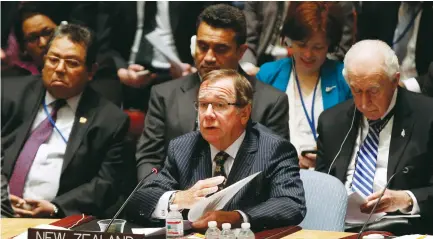  ?? (Reuters) ?? NEW ZEALAND’S foreign minister Murray McCully addresses a meeting of the United Nations Security Council at UN headquarte­rs in New York in 2015.