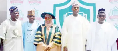  ?? PHOTO: NAN ?? From left: Registrar, Joint Admissions and Matriculat­ion Board (JAMB) Prof. Ishaq Oloyede; acting Executive Secretary, National Universiti­es Commission (NUC) Mr Chris Maiyaki; Chancellor, Al-Muhibbah Open University, Dr Aisha Bala Mohammed; Minster of Education, Prof. Tahir Mohamme; and the Chairman of the Occasion/Gov. Bala Mohammed of Bauchi State, during the unveiling and maiden matriculat­ion of the university in Kubwa, Abuja on Friday