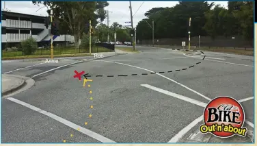  ?? ?? The Intersecti­on: note vehicle paths and location of impacts. Legend: Yellow line = path of car and the black line = path of bike. X shows the impact site and the names in white the landing spots.