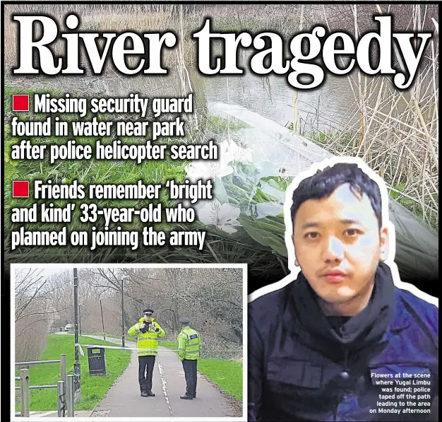  ??  ?? Flowers at the scene where Yugal Limbu was found; police taped off the path leading to the area on Monday afternoon