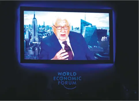  ?? (Ruben Sprich/Reuters) ?? HENRY KISSINGER speaks via video link at the World Economic Forum (WEF) annual meeting in Davos, Switzerlan­d in 2017.