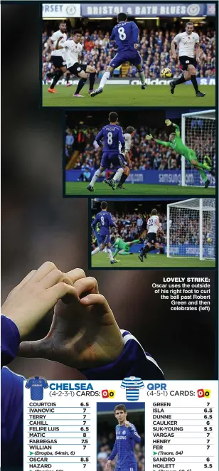  ??  ?? LOVELY STRIKE: Oscar uses the outside of his right foot to curl the ball past Robert Green and then celebrates (left)