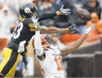  ?? AP FILE ?? Steelers cornerback Joe Haden, left, injured his hamstring against Josh Gordon, right, and Cleveland and hasn’t practiced this week.
