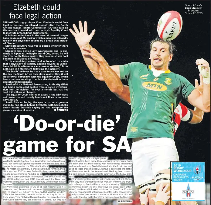  ?? Picture: REUTERS ?? South Africa’s Eben Etzebeth in action.