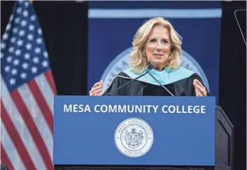  ?? PHOTOS BY MEGAN MENDOZA/THE REPUBLIC ?? First lady Jill Biden speaks at Mesa Community College’s commenceme­nt ceremony at Desert Financial Arena in Tempe on Saturday.