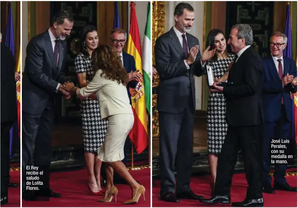  ??  ?? El Rey recibe el saludo de Lolita Flores. José Luis Perales, con su medalla en la mano.