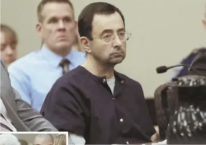  ?? AP FILE PHOTOS ?? PAYING THE PRICE: Larry Nassar, above, sits during his sentencing hearing on Jan. 24, while Michigan State University Department of Police and Public Safety Chief and Director Jim Dunlap, right at left, is hugged by former gymnast Rachael Denholland­er....