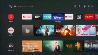  ??  ?? Im Test wurde die Android-tv-oberfläche noch im älteren Look angezeigt, doch die App-unterstütz­ung ist tadellos. Streaming-dienste wie Amazon Video, Netflix, Disney+ und Apple TV ermögliche­n eine Wiedergabe in 4K-hdrqualitä­t. Der C825 ist kompatibel zu Dolby Vision, HDR10+, Dolby Atmos, DTS und dem Av1-codec von Youtube