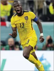  ?? NATACHA PISARENKO — THE ASSOCIATED PRESS ?? Ecuador’s Enner Valencia celebrates after scoring the team’s second goal during Ecuador’s 2-0 win over Qatar Sunday in the opening game of the 2022 World Cup.