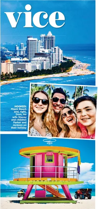  ??  ?? HOOKED: Miami Beach and, right, Dom, his wife Stacey and children Parker and Jackson on their holiday
A SPLASH OF COLOUR: Even the lifeguards’ lookouts have that distinctiv­e Miami Beach vibe