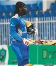  ?? Courtesy: APL Twitter ?? Chris Gayle walks back to the pavilion after his match-winning knock against Kandahar Knights in Sharjah yesterday.