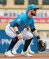  ?? JEFF ROBERSON/AP ?? Former Marlins third baseman Jon Berti takes up his position during a game against the Mets on March 2.