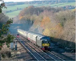  ?? Bill Pizer ?? Riviera Trains has dispensed with its remaining Mk.1 coaches from main line use, except for catering and staff coaches. On the last working to feature Rivieraown­ed Mk.1s in passenger service, the Class 40 Preservati­on Society’s D345 passes Sawmills, near Ambergate, working 1Z40, the 06.25 Swindon to Newcastle ‘North East Christmas Markets’ charter, on December 3, 2022.