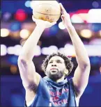  ?? ?? Philadelph­ia, Pennsylvan­ia, USA; Philadelph­ia 76ers center Joel Embiid warms up before action against the Houston Rockets at Wells Fargo Center. Mandatory Credit: Bill Streicher-USA TODAY Sports