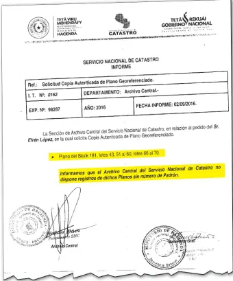  ??  ?? Informe del Servicio Nacional de Catastro que señala que no dispone de registros de los planos solicitado­s a nombre de un supuesto Enrique Rubston Rodger.