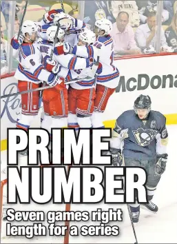  ?? Paul J. Bereswill ?? ONE MORE TIME: Rangers players celebrate a goal as Sidney Crosby looks on during their 2014 Game 7 victory over Pittsburgh.