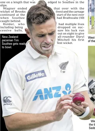  ?? (Photos: AFP) ?? New Zealand paceman Tim Southee gets ready to bowl.
West Indies batsman Darren Bravo plays a shot during the third day of the first Test match against New Zealand.
West Indies batsman Jermaine Blackwood plays a shot during the third day of the first Test match against New Zealand at Seddon Park in Hamilton, yesterday.