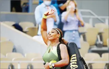  ?? AFP ?? Serena Williams of the US acknowledg­es the audience as she leaves the court after loosing against Kazakhstan’s Elena Rybakina on June 6.