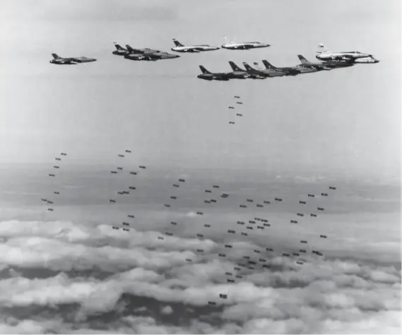  ??  ?? When clouds obscured the target area, flights of F105Ds would fly formation with an RB-66 and drop their bombs on command. These missions were among those classed as “splinter missions”— making splinters out of the trees below.