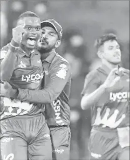  ?? ?? West Indies fast bowler Jayden Seales celebrates one of his wickets against Galle Gladiators yesterday.