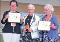  ?? SUBMITTED PHOTO ?? Left, Kay MacDonald, president of the Spanish Bay chapter, WINS, ties for first with new members, along with middle, Margaret Dawe, Shelbourne District, and right, Judy Parks, Kings West District/Friendship ACWW, presenter.