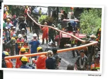  ?? SAKCHAI LALIT/A ?? PERSIAPAN TOTAL: Tentara dan regu penyelamat melakukan simulasi pertolonga­n korban di sekitar area gua. Foto atas, peralatan yang masih terus dioperasik­an untuk menguras air di sekitar mulut gua.