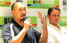  ?? MARK LIM PHOTO CHRISTIAN ?? KING'S Sword Martial Arts director Nell Jone Astudillo (left) says the 1st Robinsons Place Tagum Open Wushu Sanda Tournament will take place on August 6, during yesterday's Davao Sportswrit­ers Associatio­n (DSA) Forum held at SM City Davao. Also in...